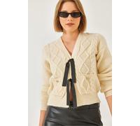 Strukturierter V-Ausschnitt Kurzarmpullover mit Pompon S/M