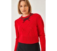Strukturiertes besticktes Rundhals-Crop-Sweatshirt S/M