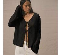 Strukturiertes, doppelt gebundenes Langarmshirt mit offenem V-Ausschnitt, lässige Passform, süß, perfekt für Urlaub und Alltag, ideal für die Capsule