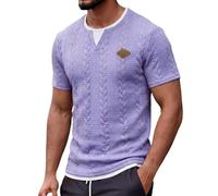 Strukturiertes Kurzarm-T-Shirt für Herren, mit V-Ausschnitt und Zweiteiler-Optik, lässiger Schnitt, modisches Sommer-Oberteil für Freizeit, Sport und Alltag, modernes Basic-Top(Purple, XL)