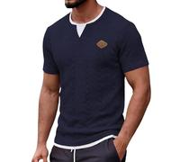 Strukturiertes Kurzarm-T-Shirt für Herren, mit V-Ausschnitt und Zweiteiler-Optik, lässiger Schnitt, modisches Sommer-Oberteil für Freizeit, Sport und Alltag, modernes Basic-Top(Navy, XL)