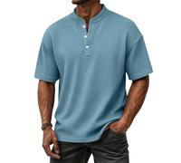 Strukturiertes Oberteil Herren Henley Kragen Casual Business Top Elegantes T-Shirt mit Knopfleiste Männer Waffelmuster Bequemes Sommer Shirt Büro Alltag Türkis XL