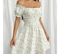 Strukturiertes Stoff Off-Shoulder Kleid mit Rüschen-Ärmeln, grünes Blumen Off-Shoulder Mini-Kleid, Cottagecore Kleid mit Puffärmeln, Oster-Brunch Mini