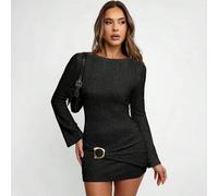 Strukturiertes Strick-Taillenbund Plissee Splice Metall Dekor Glockenärmel Jacquard Strickkleid