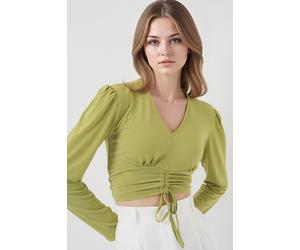 Strukturiertes V-Ausschnitt-Crop-Top mit Rüschendetail L