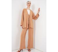 Strukturiertes V-Ausschnitt Langarm-Cardigan- und Hosen-Set L
