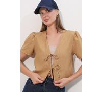 Strukturiertes V-Ausschnitt Leinen-Mix Crop Top XL