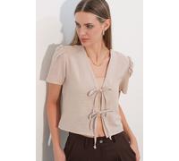 Strukturiertes V-Ausschnitt Leinen-Mix Crop Top XL