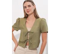 Strukturiertes V-Ausschnitt Leinen-Mix Crop Top XL