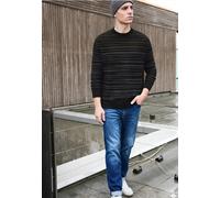Rundhalspullover STREET ONE MEN, Herren, Gr. XXL (46), schwarz (schwarz olive grün), Web, 50% Baumwolle, 50% Polyacryl, gestreift, normal normal, Rundhals, Rippbündchen, Pullover Rundhalspullover, mit
