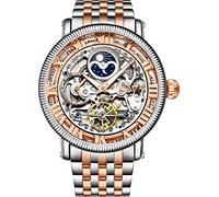 Stührling Original Herren Automatikuhr Skelett Uhr Analog Zifferblatt Silber Akzente Dual Time AM/PM Sun Moon Edelstahl Armband 3922 Uhren für Herren Kollektion rose gold
