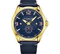 Stuhrling Original Aviator Herrenuhr - Strukturierte analoge Zifferblattuhr in Schwarz, Zifferblatt in Sekundenschnelle, lässiges genähtes Lederband, 3934 Mens Watches Collection (Gold)