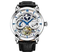 Stuhrling Original Herren Automatik-Selbstaufzug Luxuskleid Skeleton Dual Time Gold-Tone Armbanduhr 22 Jewels 47 mm Edelstahlgehäuse
