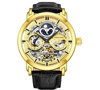 Stuhrling Original Herren Automatik-Selbstaufzug Luxuskleid Skeleton Dual Time Gold-Tone Armbanduhr 22 Jewels 47 mm Edelstahlgehäuse