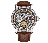 Stuhrling Original Herren Automatikuhr Silber Gehäuse, Silber Lünette, Alligator geprägtes echtes Lederband, Braun, Automatikuhr