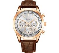 Stuhrling Original Herren-Chronograph Uhr - Analoge Armbanduhr mit silbernem Zifferblatt, Datum, roségoldenem Edelstahlgehäuse, Tachymeter & 24-Stunden-Anzeige, braunes Lederarmband