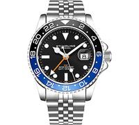 Stuhrling Original Herren Edelstahl Jubiläumsarmband GMT Uhr - Schweizer Quarz, Dual Time, Quickset Datum mit verschraubter Krone, wasserdicht bis 10 ATM (Black/Blue)