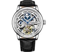 Stuhrling Original Herren-Skelettuhr, automatische Herrenuhr - Dualzeit, AM/PM, Sonne und Mond, Echtlederarmband