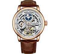 Stuhrling Original Herren-Skelettuhr, automatische Herrenuhr - Dualzeit, AM/PM, Sonne und Mond, Echtlederarmband