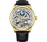 Stuhrling Original Herren-Skelettuhr, automatische Herrenuhr - Dualzeit, AM/PM, Sonne und Mond, Echtlederarmband