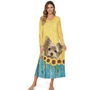 STUOARTE Nachthemden für Damen, langärmelig, volle Länge, Nachtwäsche, Nachtwäsche, lang, weich, Damen-Schlafshirt, S-4XL, Gelb und Blau - Yorkshire Terrier Sonnenblume, S