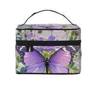 STVYUKL Make-up-Tasche für Damen, schöne lila Schmetterlings-Blumenmuster, wasserdicht, tragbar, Reise-Kosmetiktasche, großes Fassungsvermögen, Kulturbeutel mit Tragegriff oben, Reißverschluss