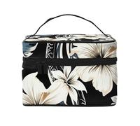 STVYUKL Make-up-Tasche mit hawaiianischen Blumen, wasserdicht, tragbar, Reise-Kosmetiktasche, großes Fassungsvermögen, Kulturbeutel mit Tragegriff oben, mit Reißverschluss, Schwarz und Weiß