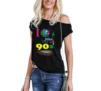 Style Wise Fashion Damen-T-Shirt, Aufschrift "I Love 80er", Retro-Party, Pop-Star, 1980er-Jahre-Party, Oberteil für Junggesellinnenabschied, Junggesellenabschied, I Love 90s Globe Schwarz, 42-44