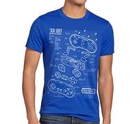 style3 SNES Controller Blaupause Herren T-Shirt 16-Bit Videospiel, Größe:L, Farbe:Blau