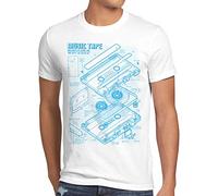 style3 Tape Blaupause Herren T-Shirt dj musikkassette Turntable Retro, Größe:L, Farbe:Weiß