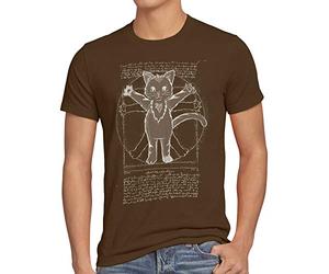 style3 Vitruvianische Katze Herren T-Shirt kätzchen Vinci Tier, Größe:L, Farbe:Braun