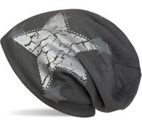 styleBREAKER Beanie Mütze mit All Over Stern Muster, Vintage Stern Print, Strass Rand und sehr weichem Innenfutter, Unisex 04024097, Farbe:Dunkelgrau
