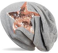 styleBREAKER Beanie Mütze mit Wendepailletten Stern Applikation, Slouch Longbeanie, Damen 04024141, Farbe:Grau meliert