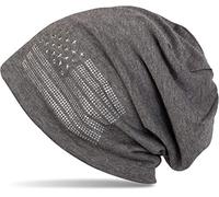 styleBREAKER Beanie Mütze USA Flaggen Design mit Strass-Applikationen, Unisex, Jersey leicht Übergang Frühling Herbst, Farbe:Dunkelgrau meliert