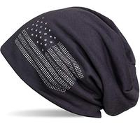 styleBREAKER Beanie Mütze USA Flaggen Design mit Strass-Applikationen, Unisex, Jersey leicht Übergang Frühling Herbst, Farbe:Anthrazit