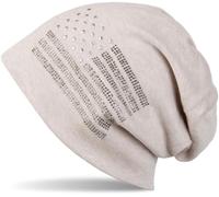 styleBREAKER Beanie Mütze USA Flaggen Design mit Strass-Applikationen, Unisex, Jersey leicht Übergang Frühling Herbst, Farbe:Beige