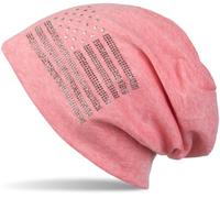 styleBREAKER Beanie Mütze USA Flaggen Design mit Strass-Applikationen, Unisex, Jersey leicht Übergang Frühling Herbst, Farbe:Koralle