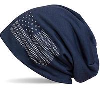 styleBREAKER Beanie Mütze USA Flaggen Design mit Strass-Applikationen, Unisex, Jersey leicht Übergang Frühling Herbst, Farbe:Midnight-Blue/Dunkelblau