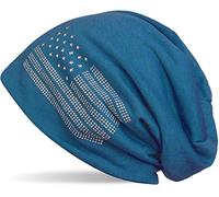 styleBREAKER Beanie Mütze USA Flaggen Design mit Strass-Applikationen, Unisex, Jersey leicht Übergang Frühling Herbst, Farbe:Petrol-Blau