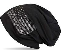 styleBREAKER Beanie Mütze USA Flaggen Design mit Strass-Applikationen, Unisex, Jersey leicht Übergang Frühling Herbst, Farbe:Schwarz