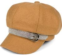 styleBREAKER Damen Bakerboy Schirmmütze mit Strass Band und Schnalle, Ballonmütze, Filz Optik, Newsboy Cap 04023073, Farbe:Camel