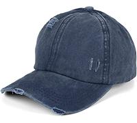 styleBREAKER Damen Baseball Cap im Washed Destroyed Used Look, Ponytail, 6-Panel, Klettverschluss verstellbar 04023080, Farbe:Jeansblau