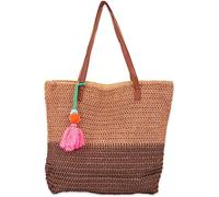 styleBREAKER Damen Bast Strandtasche 45 x 13 x 46 cm mit Reißverschluss | Zweifarbige Korbtasche mit Quaste | Flechttasche mit langen Henkeln für Strand & Shopping, Farbe:Braun-Dunkelbraun