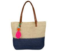styleBREAKER Damen Bast Strandtasche 45 x 13 x 46 cm mit Reißverschluss | Zweifarbige Korbtasche mit Quaste | Flechttasche mit langen Henkeln für Strand & Shopping, Farbe:Beige-Dunkelblau