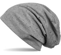 styleBREAKER Damen Beanie Mütze mit edler Strass-Nieten Applikation, Longbeanie Slouch 04024037, Grau