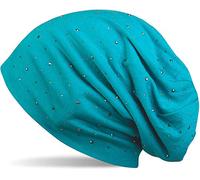 Beanie STYLEBREAKER "Beanie mit Strass Nieten Applikation", Damen, blau (türkis), Obermaterial: 65% Baumwolle CO. 35% Polyester PES., Modisch, Mützen Beanie (81151413-0) türkis