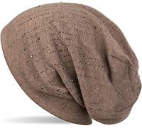 styleBREAKER Damen Beanie Mütze mit Strass Nieten im edlen Streifen Design, Slouch Longbeanie, Stoffmütze Einfarbig 04024086, Farbe:Braun meliert