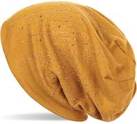 styleBREAKER Damen Beanie Mütze mit Strass Nieten im edlen Streifen Design, Slouch Longbeanie, Stoffmütze Einfarbig 04024086, Farbe:Curry