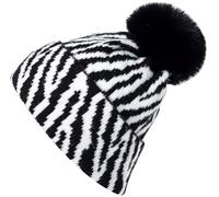 styleBREAKER Damen Bommelmütze Strick mit Zebra Muster | warme Strickmütze mit Kunstfell Pompon | elastische Winter Beanie Pudelmütze Viskose, Farbe:Schwarz-Weiß