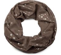 styleBREAKER Damen Loop Schal mit Metallic Sterne Print | Glitzer Schlauchschal ca. 89 x 75 cm | Leichter Rundschal für Frühjahr & Herbst, Farbe:Dunkelbraun
